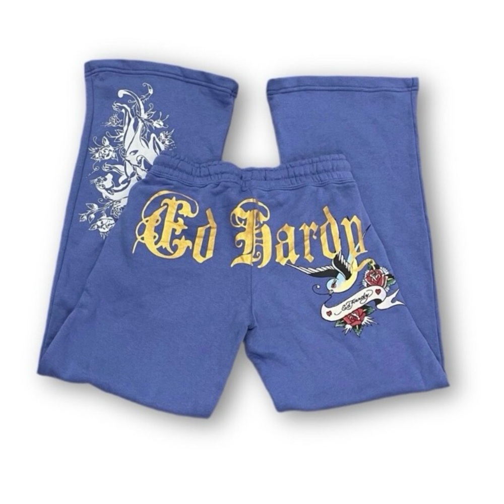 🌺 Ed Hardy Pale Blue Wide Leg Sweatpants Y2K Bird Tattoo Graphic-NWOT